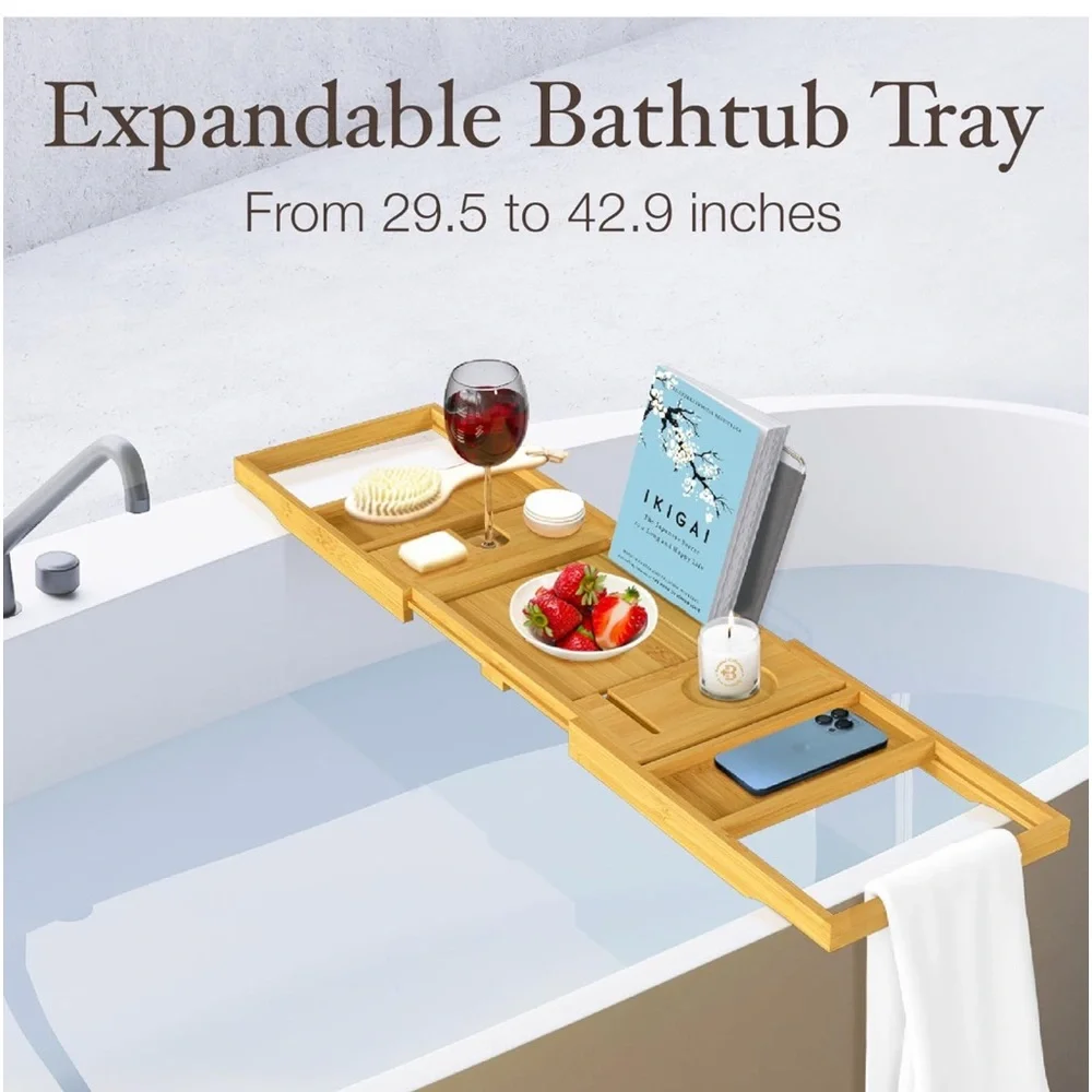 Bambüsi‎ Bathtub Tray Table Collapsible & Adjustable Bathtub Caddy Space-Saving